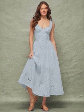 Light Blue Eyelet Midi Dress - Sleeveless Sweetheart Neck